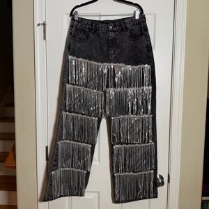Festival Rave Black Jeans with Silver Fringe